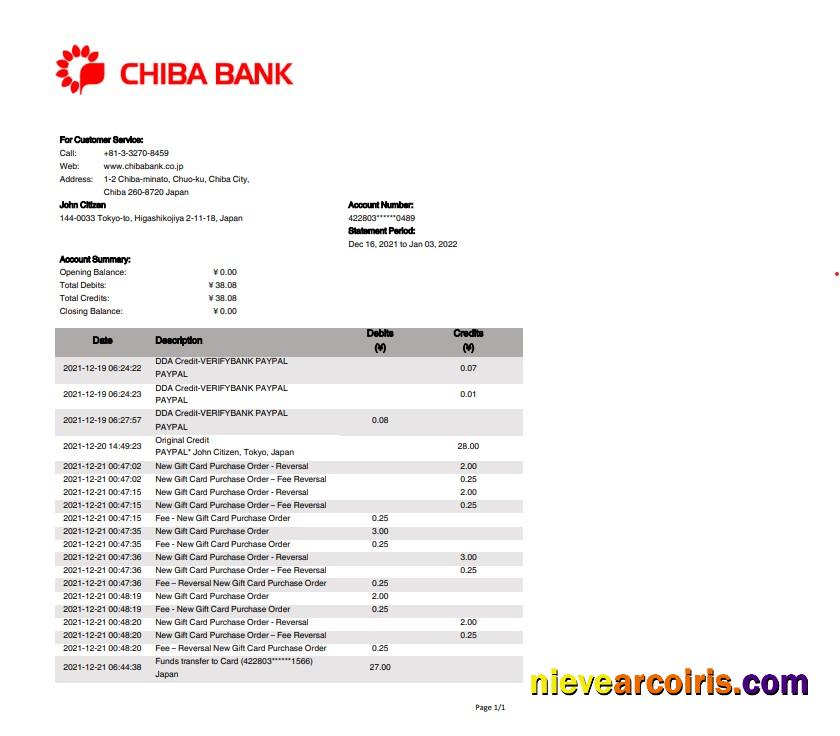 Japan Chiba bank statement in Word and PDF format